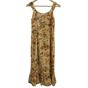 Vintage Bantry Bay Floral Dress Sz S Yellow Brown Sleeveless Spring Ruffle EUC